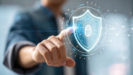 Cybersecurity Artificial Intelligence Machine Learning concept Digital security concept with a hand touching a virtual shield icon.