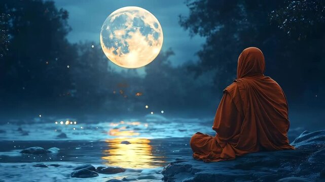 A solitary monk meditates by a tranquil river under the glow of the moonlight