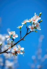 Delicate white blossoms on a slender branch, vibrant blue sky, sky, spring