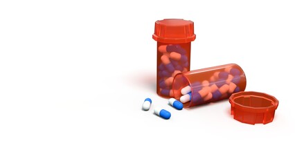 orange american medicine box with white and blue capsules inside - 3D rendering
