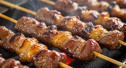 Grilling Meat Skewers on Barbecue Delicious Juicy Lamb Kebabs