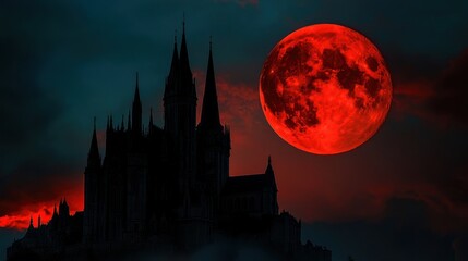 Fototapeta premium Crimson Moon over a Gothic Castle