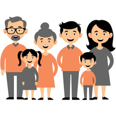 A happy cartoon family illustration showing grandparents, parents, and children. Perfect for topics about generations, relationships, family values, and educational or family-themed visual content.