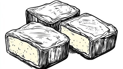 Hand-drawn illustration of three creamy dessert squares