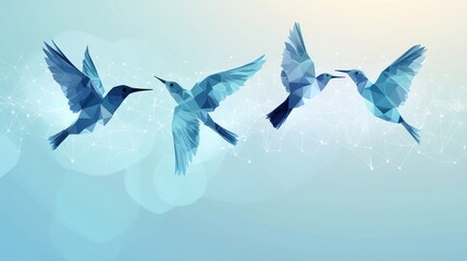 Flying birds, geometric design, sky background