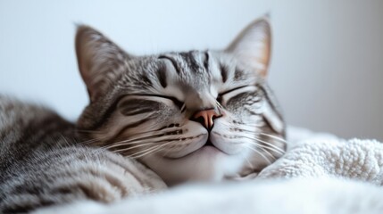 Fototapeta premium Adorable Grey Tabby Cat Sleeping Peacefully on Soft Blanket Close Up