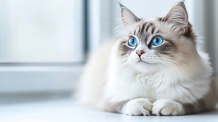 Obraz premium Adorable Ragdoll Cat with Striking Blue Eyes Fluffy Fur Indoors