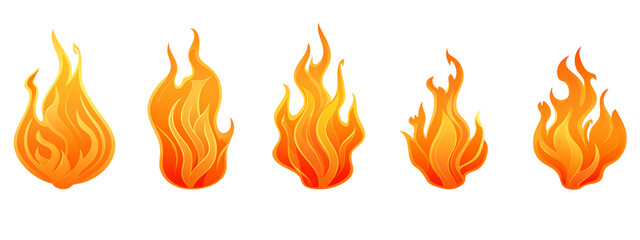 Five cartoon flames isolated on a with varying shapes and intensities of orange color  on transparent background png