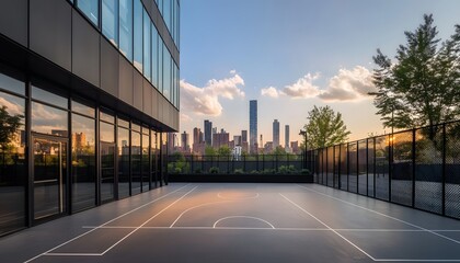 Fototapeta premium Rooftop Basketball Court with Skyline View at Sunset