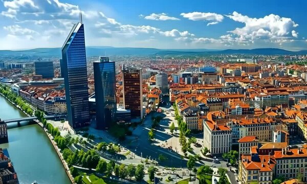 A panoramic view of Lyon's modern business district, with contemporary office buildings, sleek skyscrapers, and green spaces between the structures