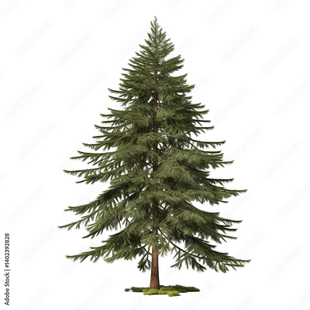 Poster a full view of a tall evergreen tree with a brown trunk and green needles on a on transparent backgr