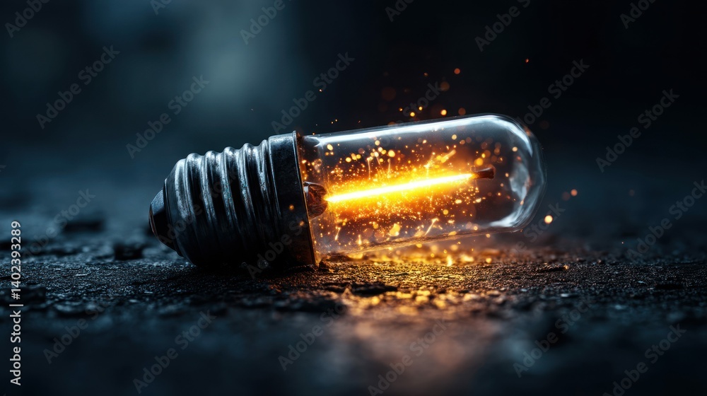 Poster a close-up view of a glowing lightbulb on a textured surface against a dark backdrop.