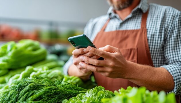 A grocer reviews his phone amidst a display of fresh, vibrant, and green vegetables and greens.