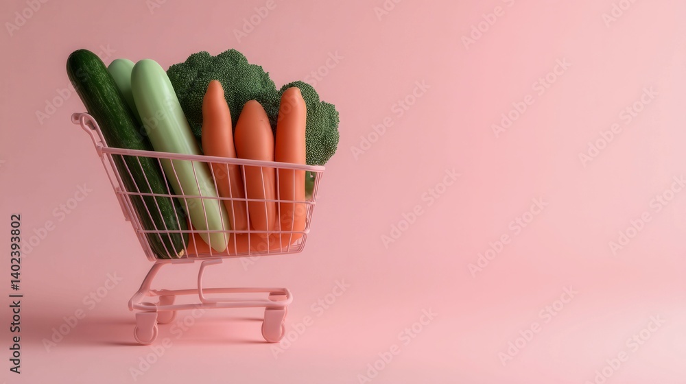 Poster a pink shopping cart is filled with various vegetables such as carrots and broccoli. the cart is pla