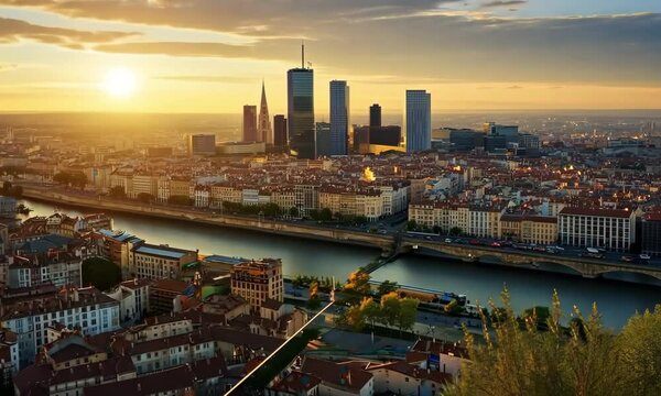 A dramatic shot of Lyon Business District during sunset, with long shadows cast by modern glass buildings and the city glowing in golden light