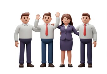 3D illustration of diverse business professionals standing confidently together on white background