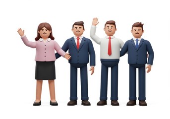 3D illustration of diverse business professionals standing confidently together on white background