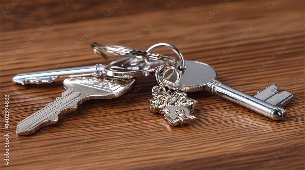 Poster two keys are placed on a wooden surface, one of which is a silver key with a keyhole. the other key 