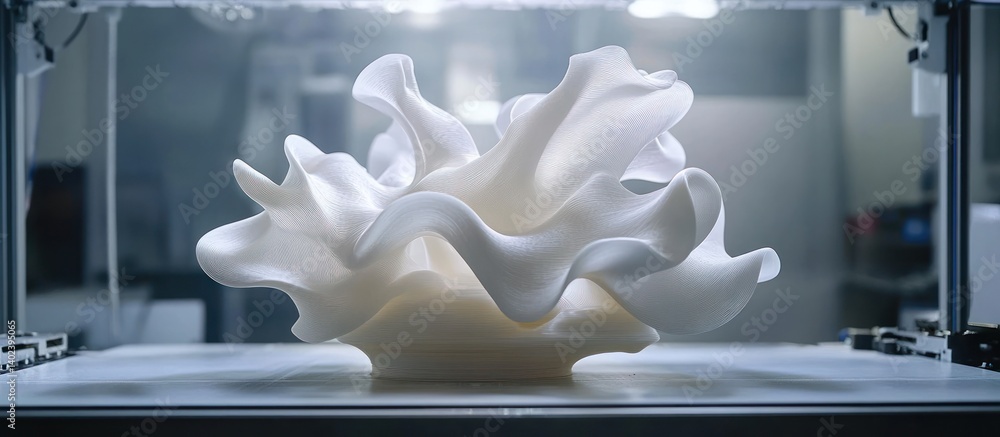 Poster 3d printed abstract sculpture in lab setting
