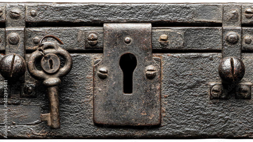 Poster an old, rusted metal box with a keyhole and a key hanging from it. the box appears to be a treasure 