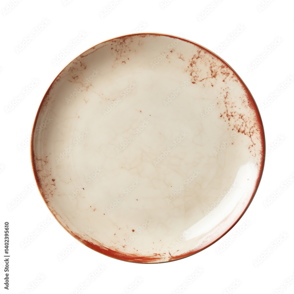 Poster a slightly worn plate with a cream color and a red rim sitting on a plain and simple on transparent 