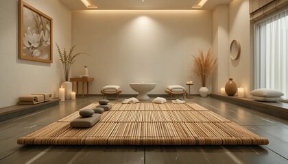 Fototapeta premium Serene Spa Room Design Bamboo Mat, Relaxation Stones, and Calming Ambiance