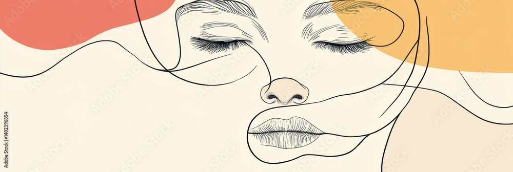 Poster elegant single-line art face drawing featuring abstract fashion style with minimal pastel colors on 