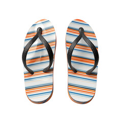 A pair of striped flip flops with black straps on a in a studio shot view  on transparent background png