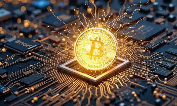 Shiny bitcoin symbol glowing above microchip with digital circuits in background. Concept of cryptocurrency and financial innovation
