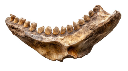 Ancient Animal Jawbone: A detailed close-up of an ancient animal jawbone, showcasing its intricate structure, worn teeth, and aged texture.
