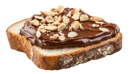 Chocolate Spread Toast: A close-up shot of a single slice of toasted bread topped with a generous amount of chocolate spread and a sprinkling of sliced almonds, evoking a sense of simple indulgence.