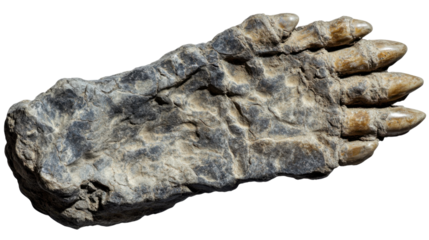 Fossil Footprint: A detailed close-up shot of an ancient fossilized footprint, showcasing intricate textures and details of a prehistoric creature's foot.
