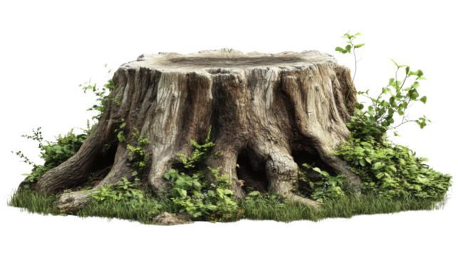 Tree Stump with New Growth:  A close-up of a weathered tree stump with new life emerging from its roots.  The texture of the wood and the lush greenery create a stark yet hopeful contrast.