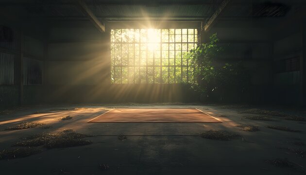 Serene Sunlight Illuminating an Abandoned Room with a Meditative Mat, Vines, and Dust