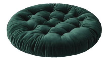 Round Green Velvet Cushion: A plush, circular cushion with a tufted design and a rich green velvet upholstery adds a touch of elegance and comfort to any interior. Its smooth.