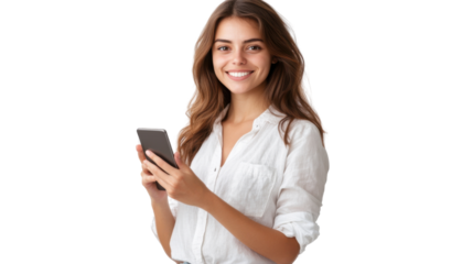 Smiling Woman with Smartphone: A woman in a white shirt radiates genuine happiness as she looks directly at the camera, her smile filled with warmth and genuineness. In her hand.
