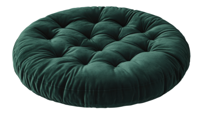 Round Green Velvet Cushion: A plush, circular cushion with a tufted design and a rich green velvet upholstery adds a touch of elegance and comfort to any interior. Its smooth.