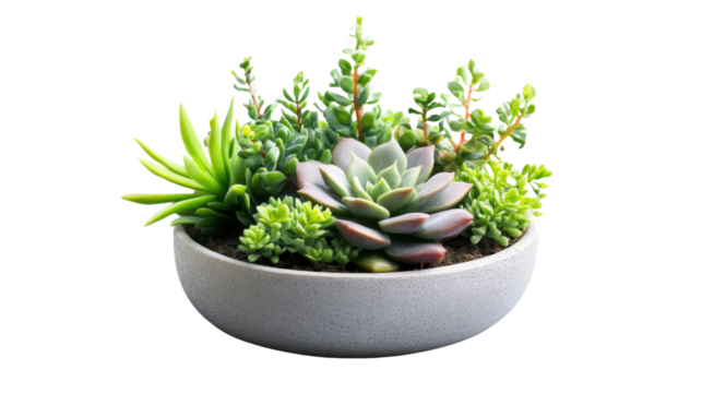 Succulent Garden in Bowl: A vibrant and eclectic assortment of succulents thrives in a stylish grey bowl, showcasing the captivating textures and colours of these resilient plants.  