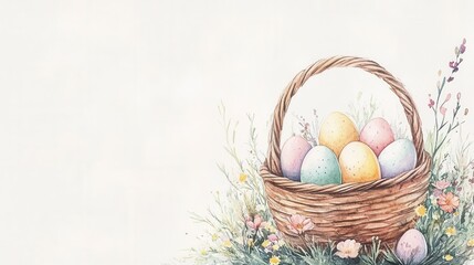 A hand-painted watercolor design showcases a basket filled with pastel-colored eggs surrounded by spring flowers. The light neutral background provides ample space for personalized text illustration