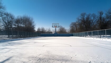Snowy Basketball Court in Winter Scene, Outdoors Sport
