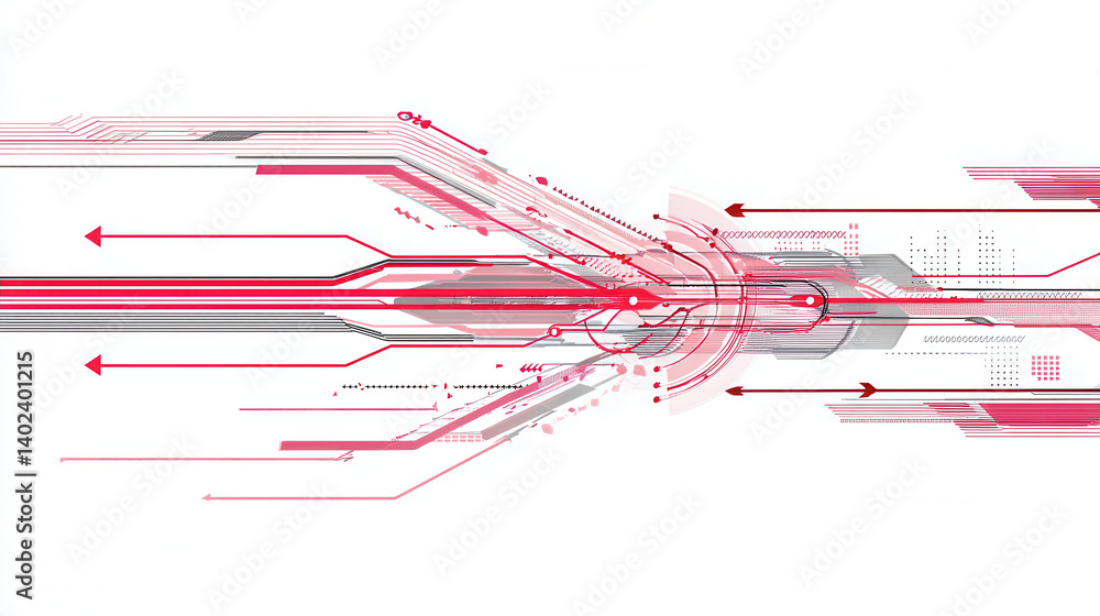 Poster dynamic style hybrid energy schematic with red and gray lines, arrows, and futuristic design element