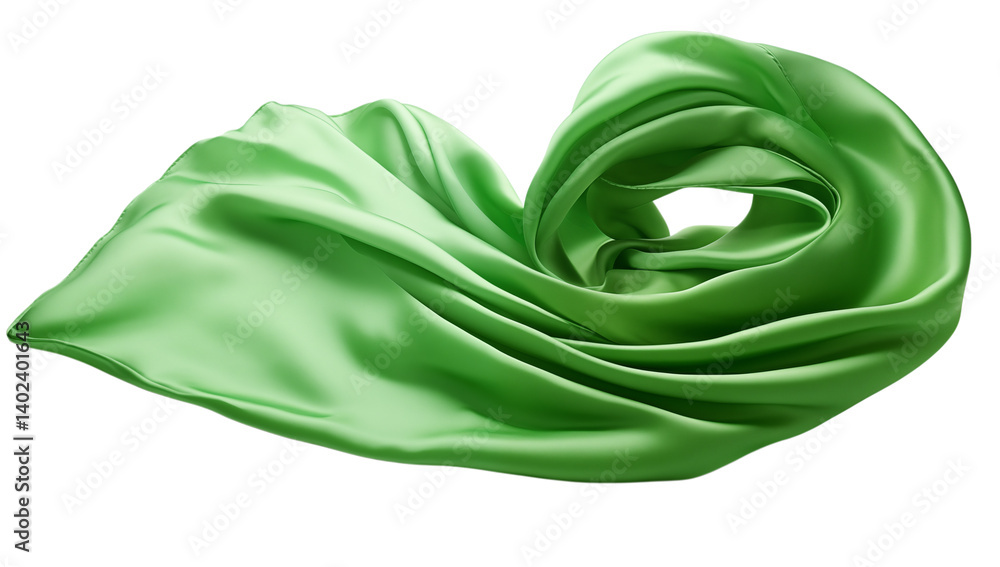 Poster a flowing light green satin fabric draped and swirled against a plain creating folds on transparent 