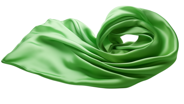 A flowing light green satin fabric draped and swirled against a plain creating folds  on transparent background png