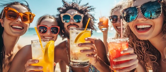 friends toasting with cocktail glasses at a beach party