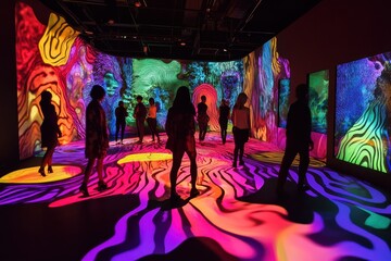 People exploring an immersive art installation with colorful projections everywhere