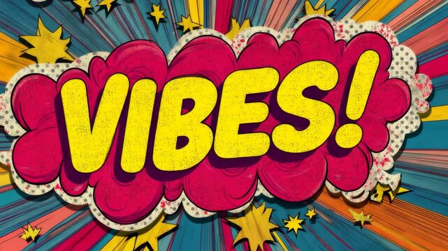 Pop art Vibes! text. Colorful background in pop art retro comic style. Pop art animation video.