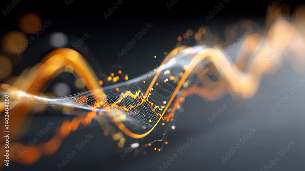 Poster abstract representation of data analysis with glowing orange and white waveforms, symbolizing innova