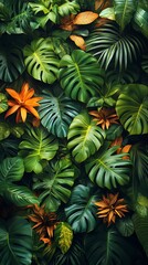 Tropical Leaves Mobile Wallpaper Lush Green Leaves with Vibrant Orange Flowers and Golden Toned Accents