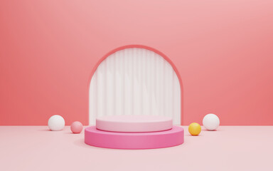 Modern Pink 3D Podium with Spheres and Striped Backdrop