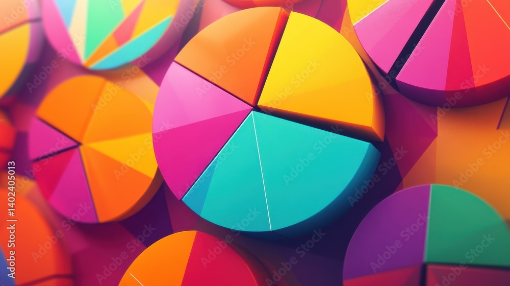 Poster vibrant abstract asset allocation, a dynamic blend of colorful pie charts and graphs illustrating st